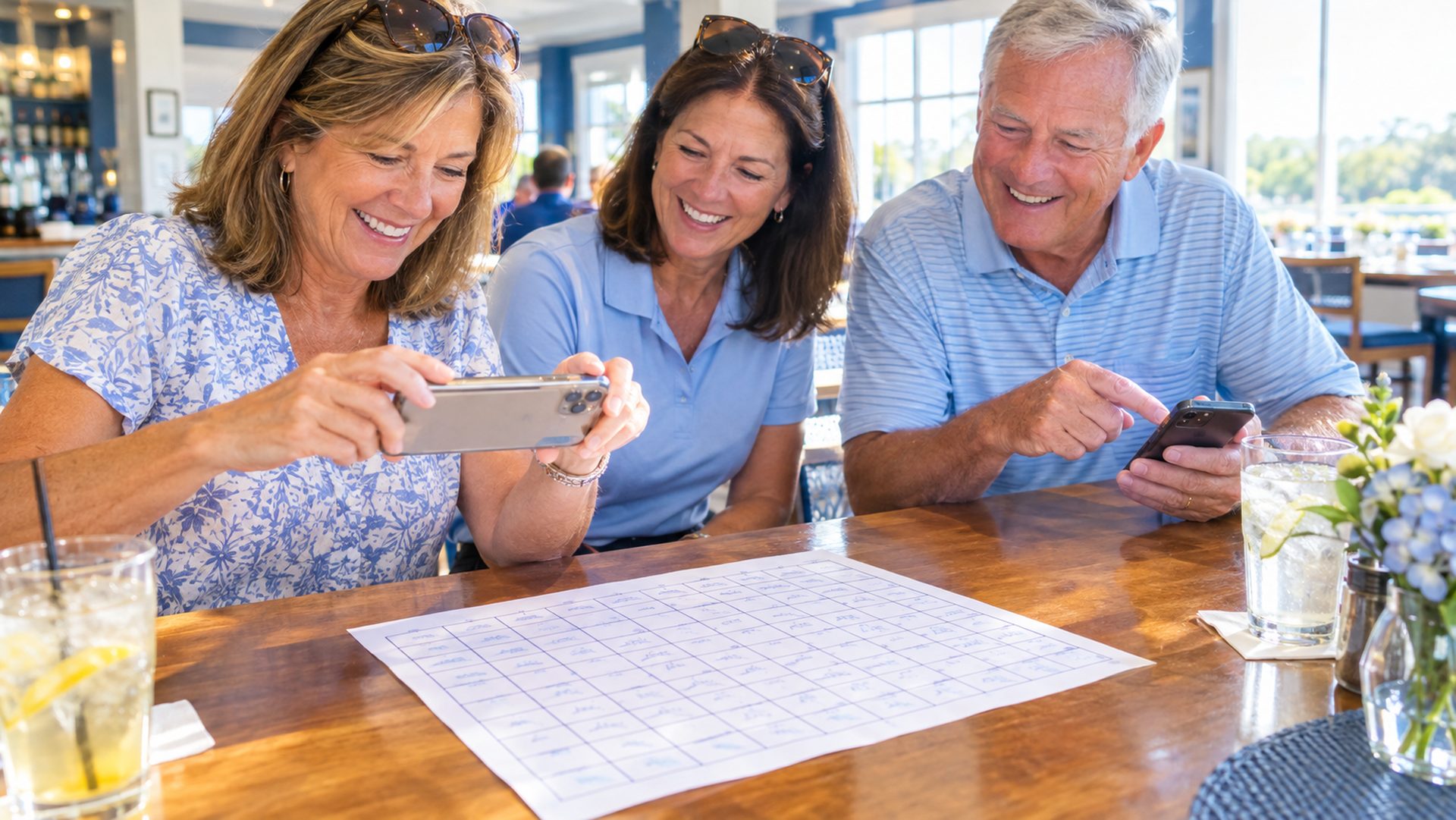An organizer photographs a filled squares sheet while friends follow along on their phones