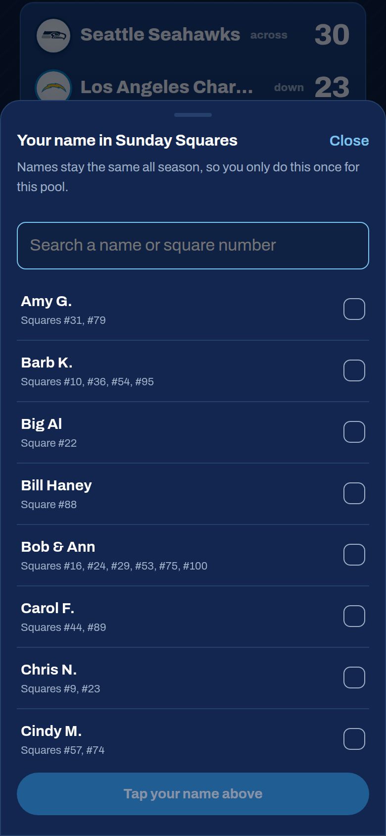 The name list, with a search box at the top